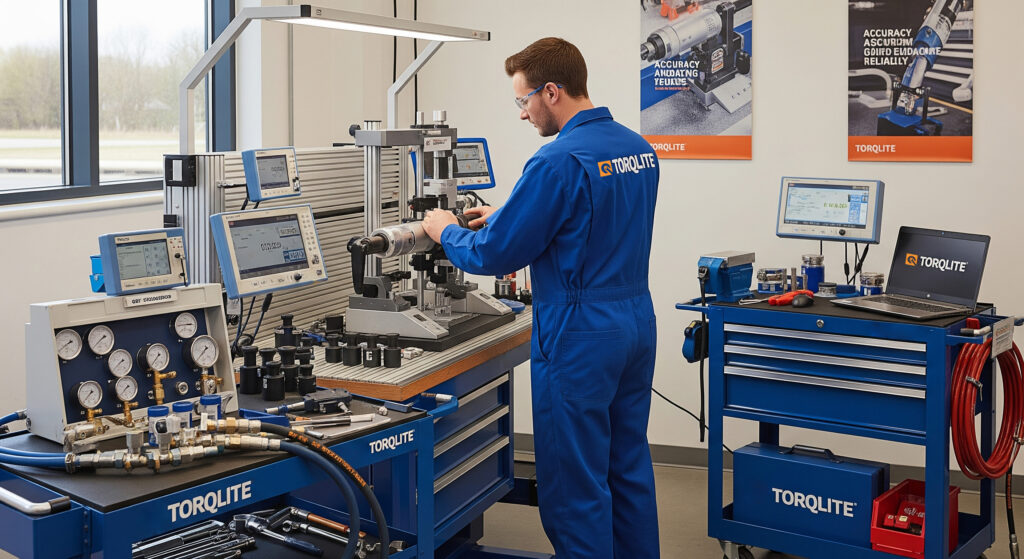 A TorqLite technician calibrating hydraulic equipment, a key part of our 24/7 support for bolting equipment.