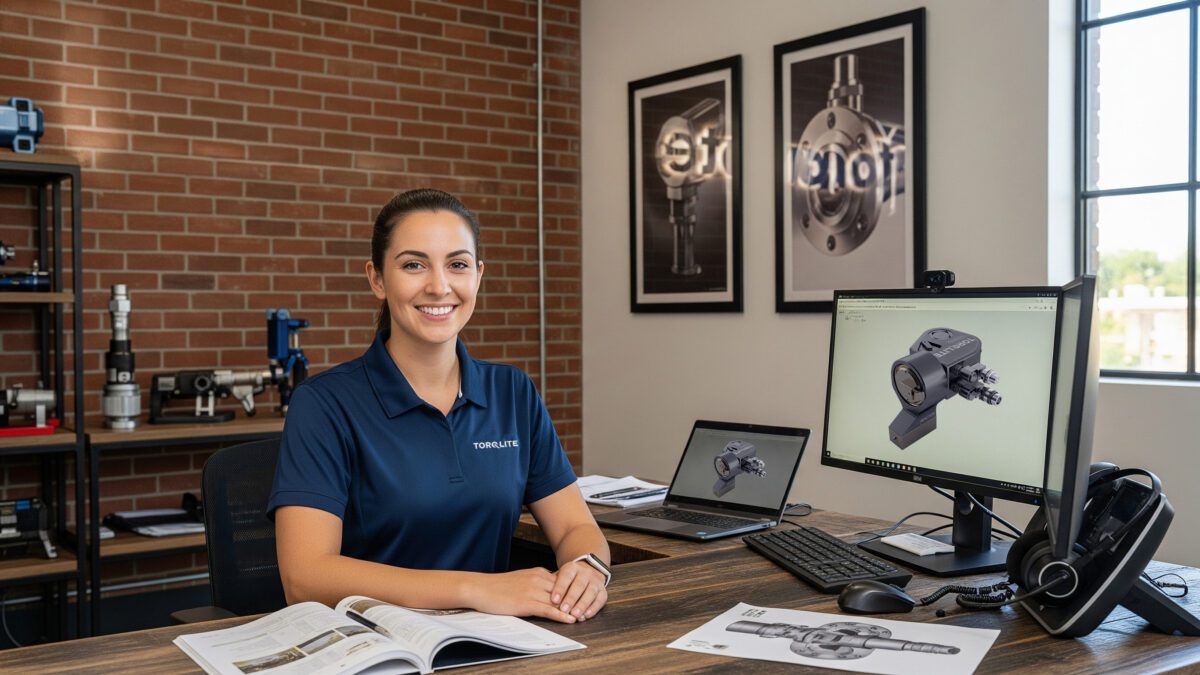 A smiling TorqLite customer service employee, providing 24/7 support for hydraulic wrenches and bolting equipment.