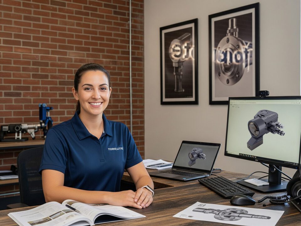 A smiling TorqLite customer service employee, providing 24/7 support for hydraulic wrenches and bolting equipment.