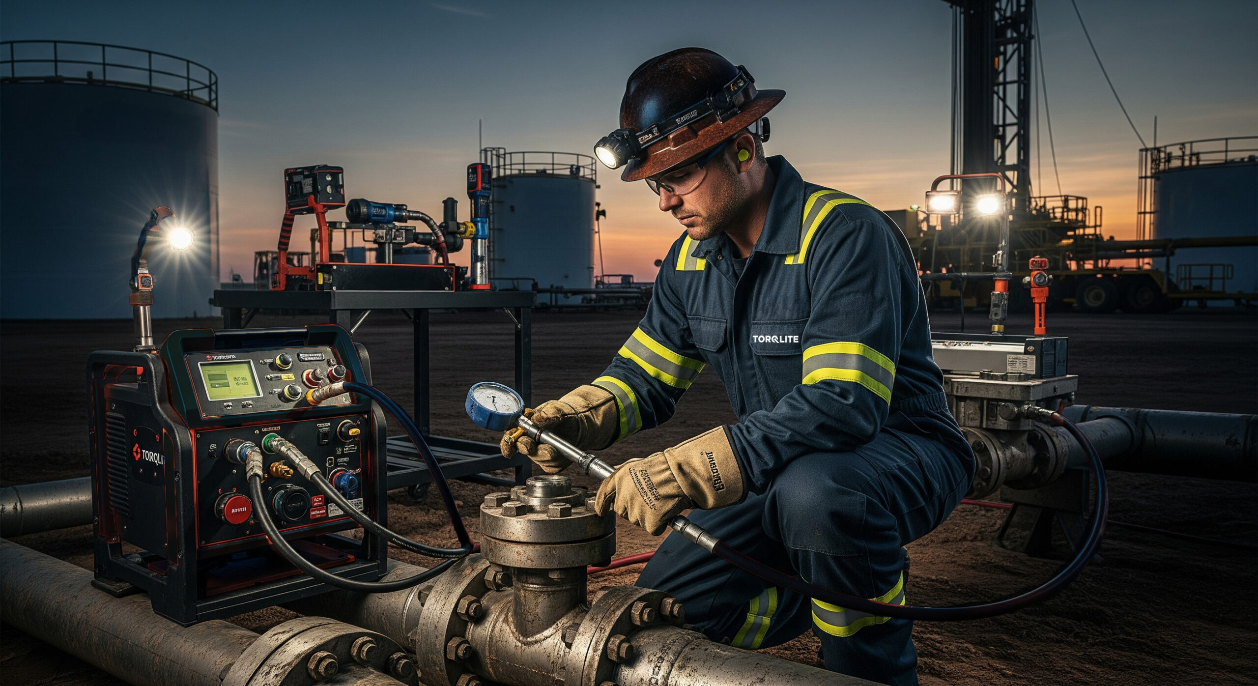 A TorqLite technician performing technical troubleshooting on a hydraulic system, with 24/7 support for hydraulic wrenches.
