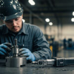 A realistic image shows a male technician in safety gear examining a disassembled machine part
