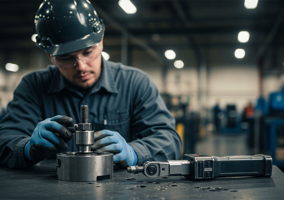 A realistic image shows a male technician in safety gear examining a disassembled machine part