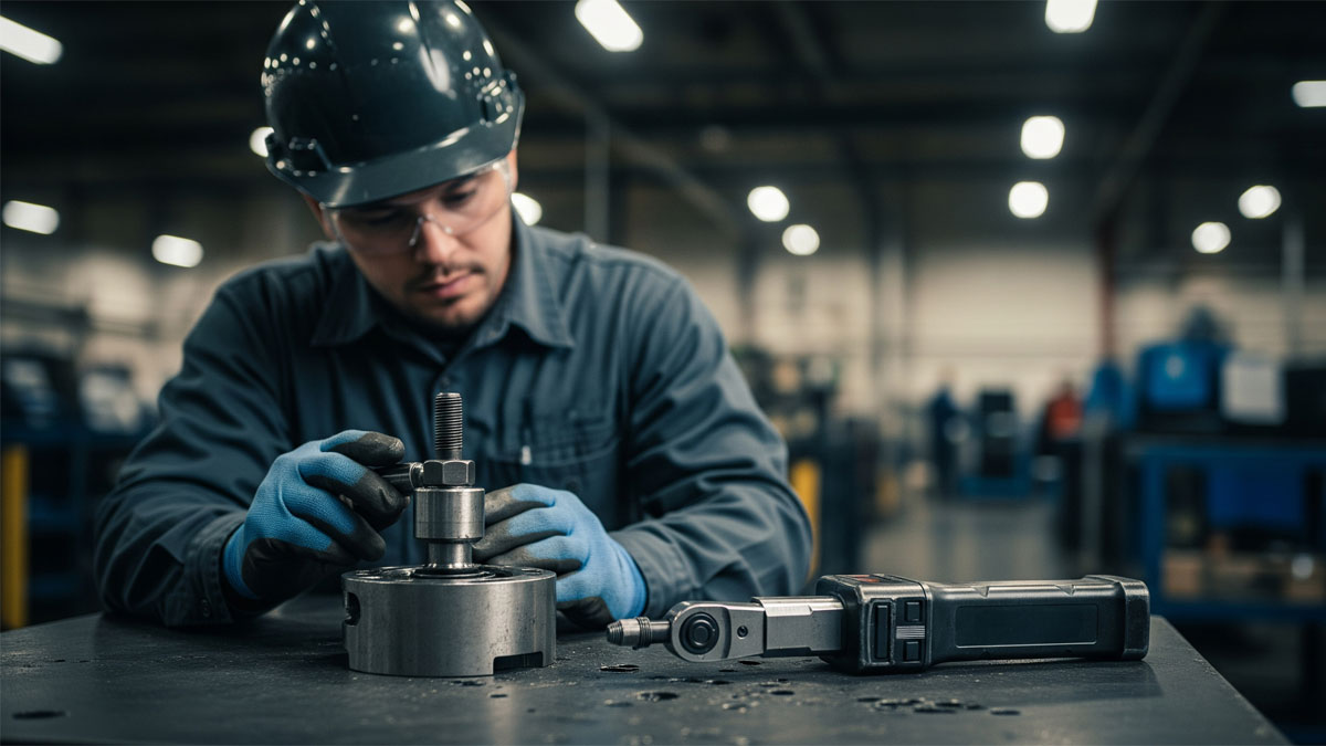 A realistic image shows a male technician in safety gear examining a disassembled machine part