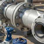 A close-up view of a complex network of silver pipes and various industrial flanges in an oil and gas facility