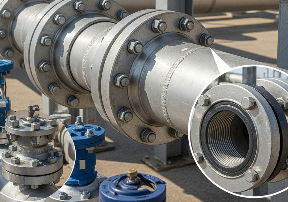 A close-up view of a complex network of silver pipes and various industrial flanges in an oil and gas facility