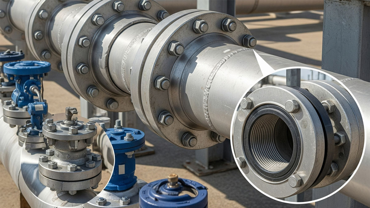A close-up view of a complex network of silver pipes and various industrial flanges in an oil and gas facility